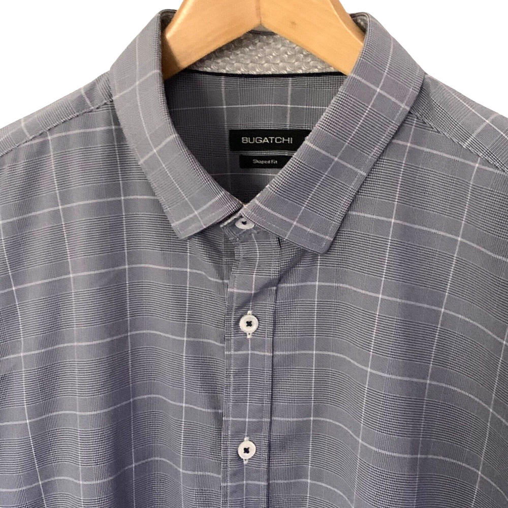 BUGATCHI Shirt Performance Men XXL Shaped Fit Nylon Button Front Blue Glen Plaid
